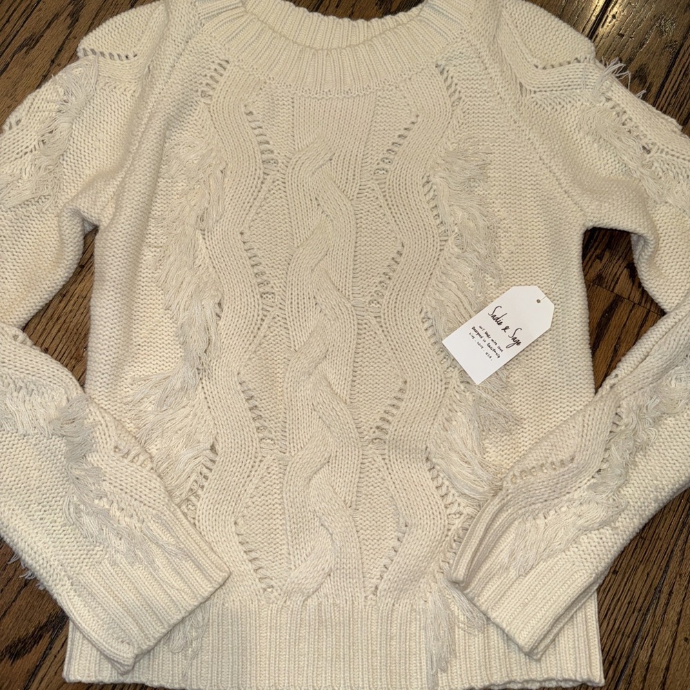 Sadie And Sage‎ Women's Ivory All Around Sweater Small NWT Cable Knit Fringe